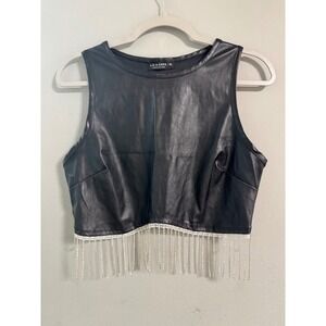 Liz & Sara Black Faux Leather Rhinestone Fringe Crop Top Tank XL Concert Edgy
